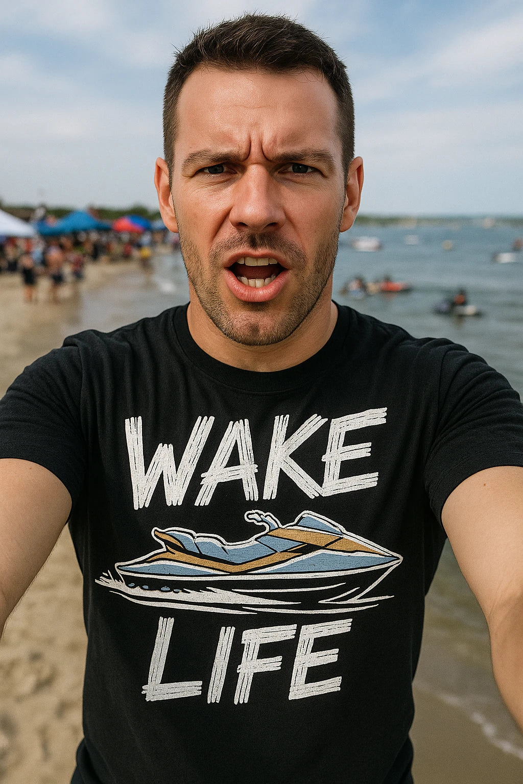 "Wake Life" black skiing t shirt, photographed as jet skiing lover gift