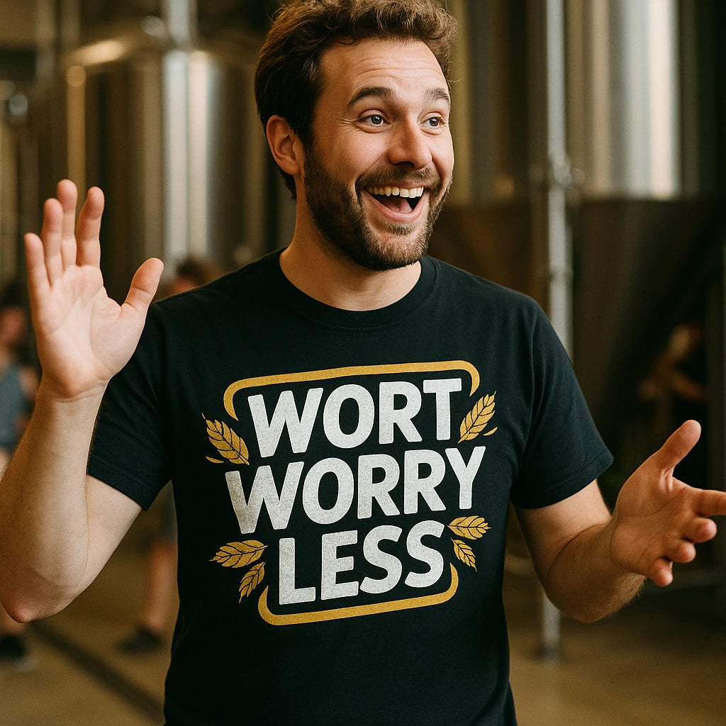 "Wort Worry Less" black brewer t shirt - also one of the gifts for people who like breweries