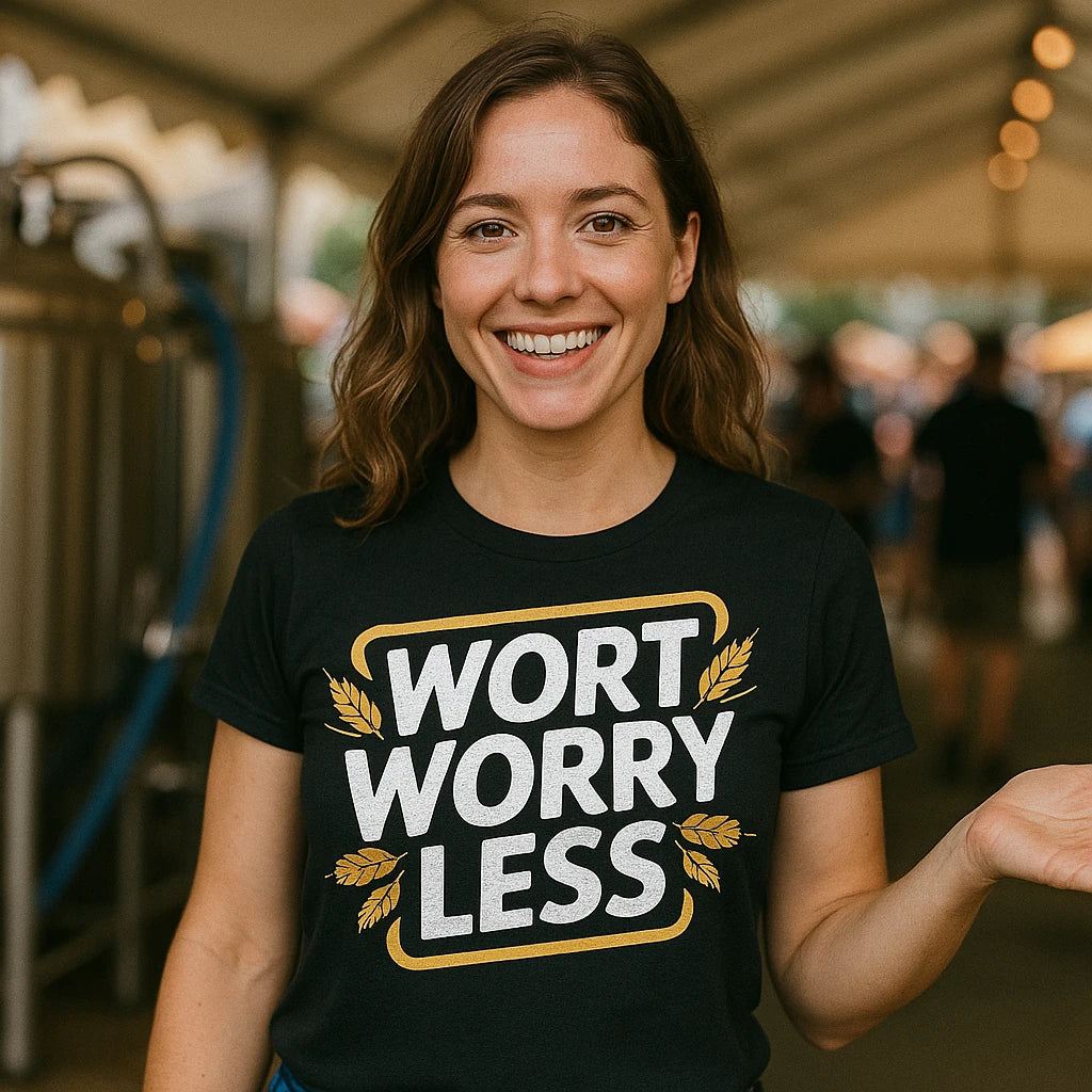 "Wort Worry Less" black brewer t shirt - also a brewery gift shop