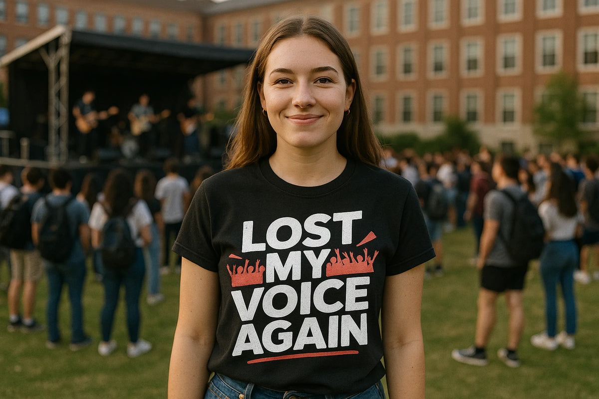 Lifestyle shot of the "Lost My Voice Again" black concert shirts in a real-world setting