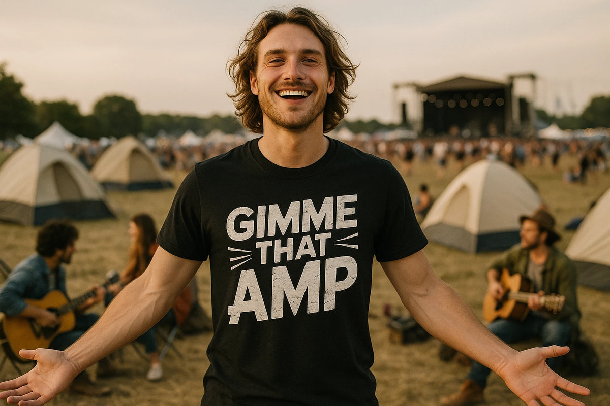 Lifestyle shot of the "Gimme That Amp" black musician tee in a real-world setting