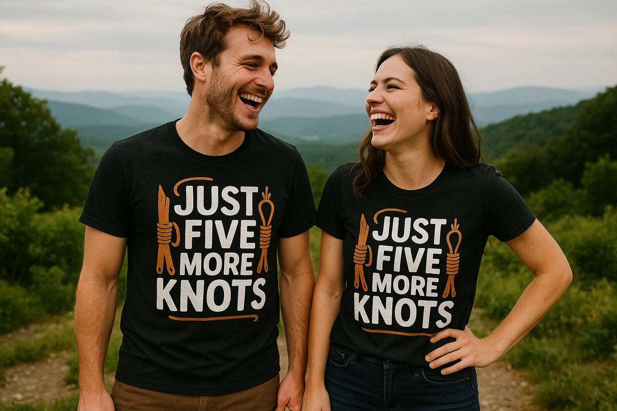 Person wearing the black bushcraft shirts graphic tee - "Just Five More Knots" design