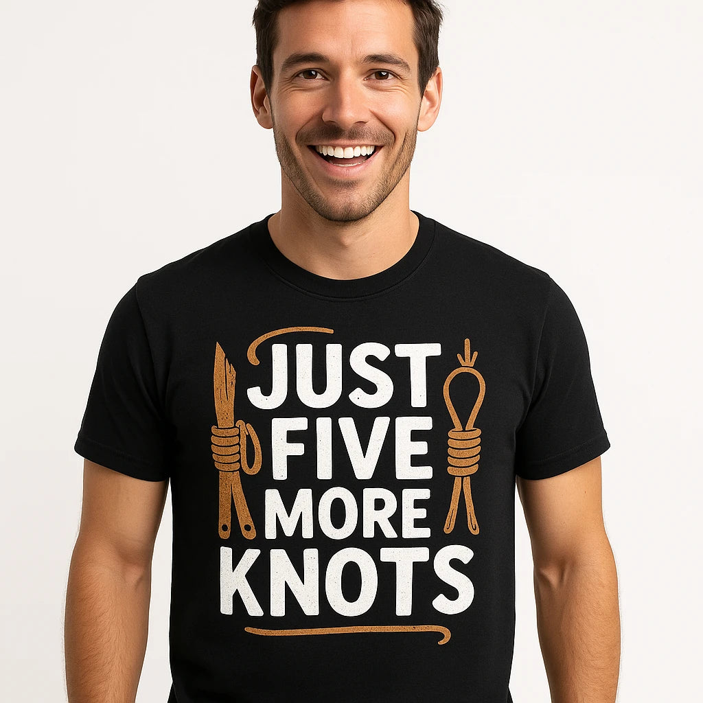 Close-up of the "Just Five More Knots" white print on a premium Bella+Canvas black bushcraft shirts