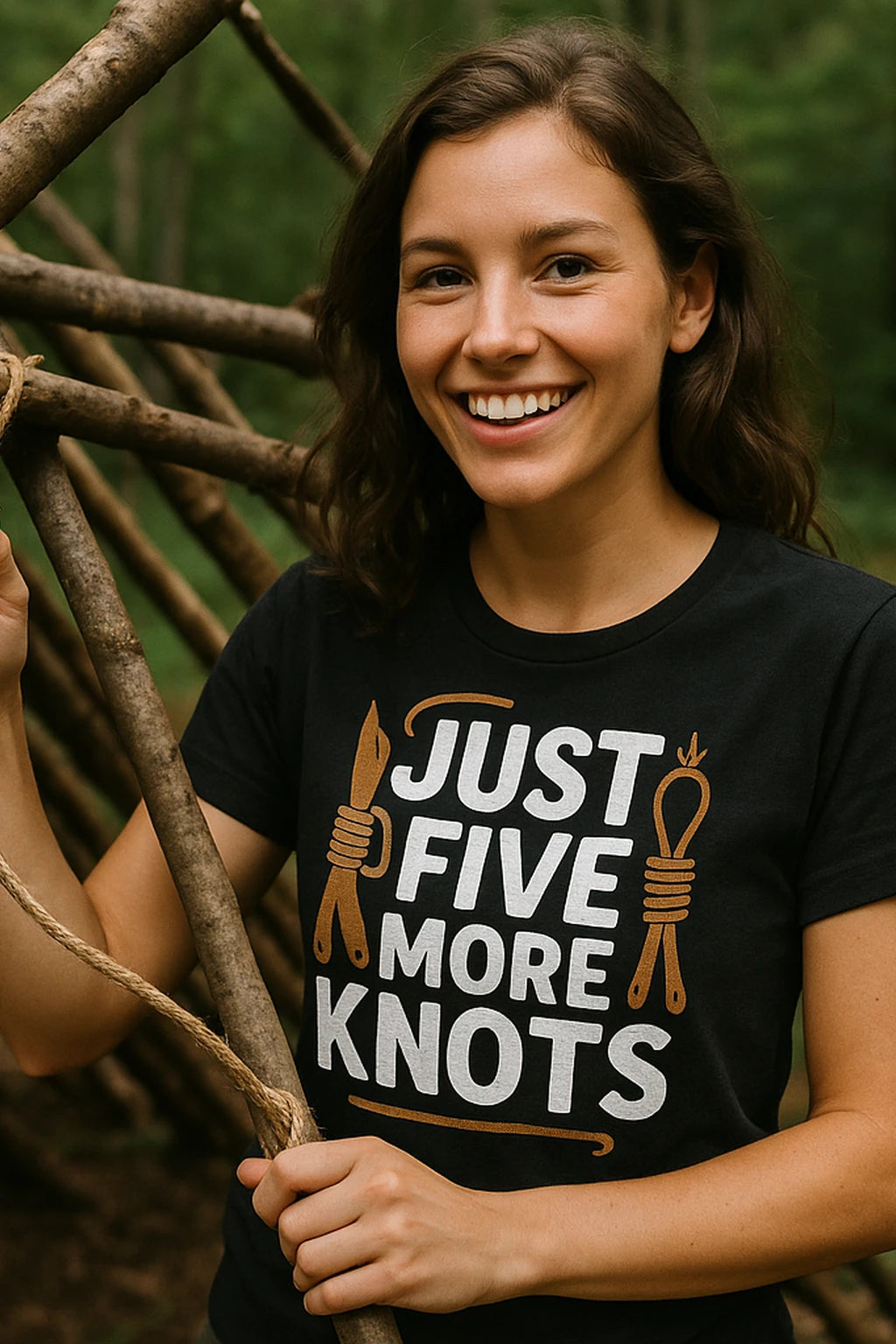 "Just Five More Knots" black bushcraft shirts, photographed as bushcraft lover gift