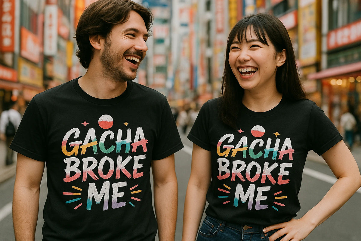 Person wearing the black tokyo t shirt graphic tee - "Gacha Broke Me" design