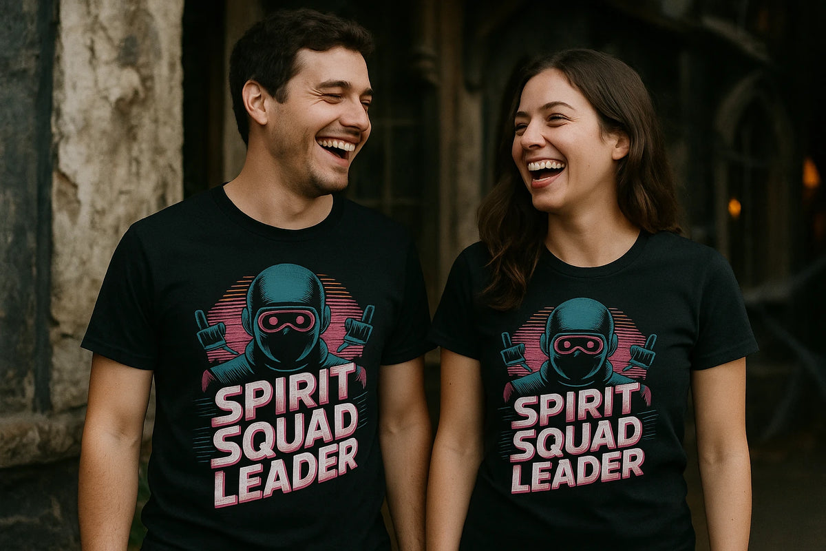 Person wearing the black paranormal t shirt graphic tee - "Spirit Squad Leader" design
