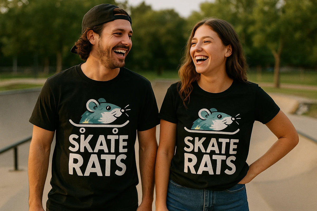 Person wearing the black skateboarding t shirt graphic tee - "Skate Rats" design