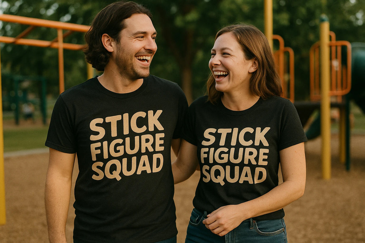 Person wearing the black family life shirts graphic tee - "Stick Figure Squad" design