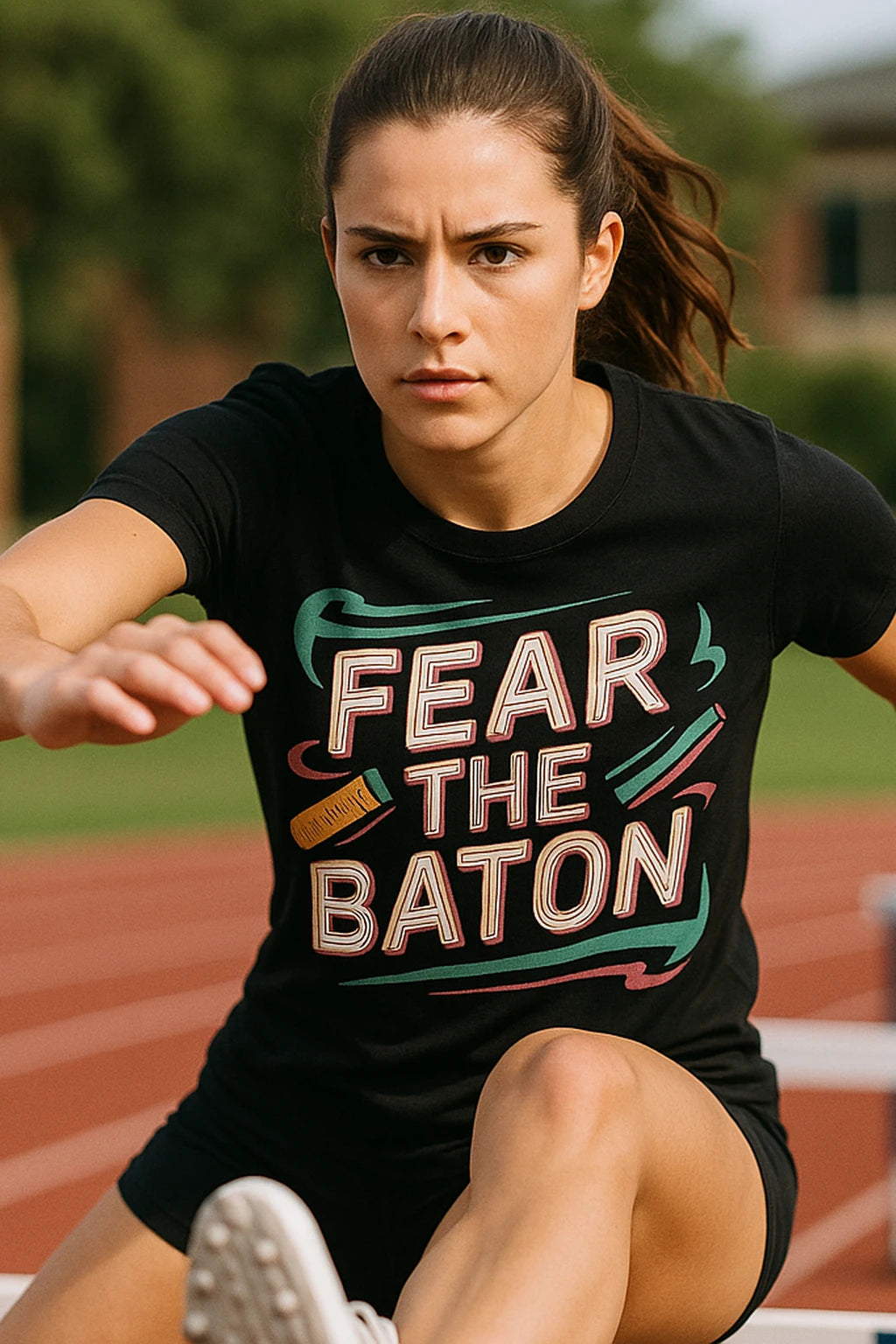 "Fear the Baton" black track & field t shirt, photographed as track and field lover gift