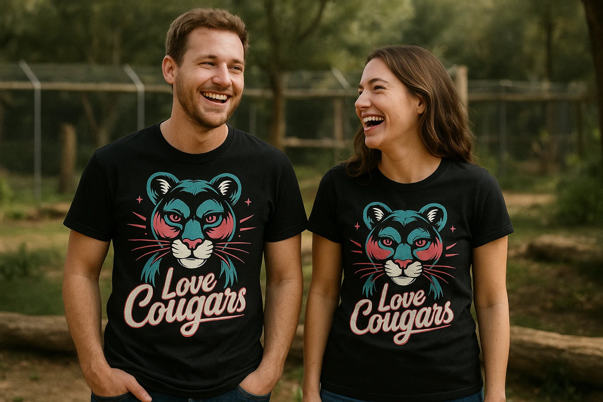 Person wearing the black cougar shirts graphic tee - "Love Cougars" design