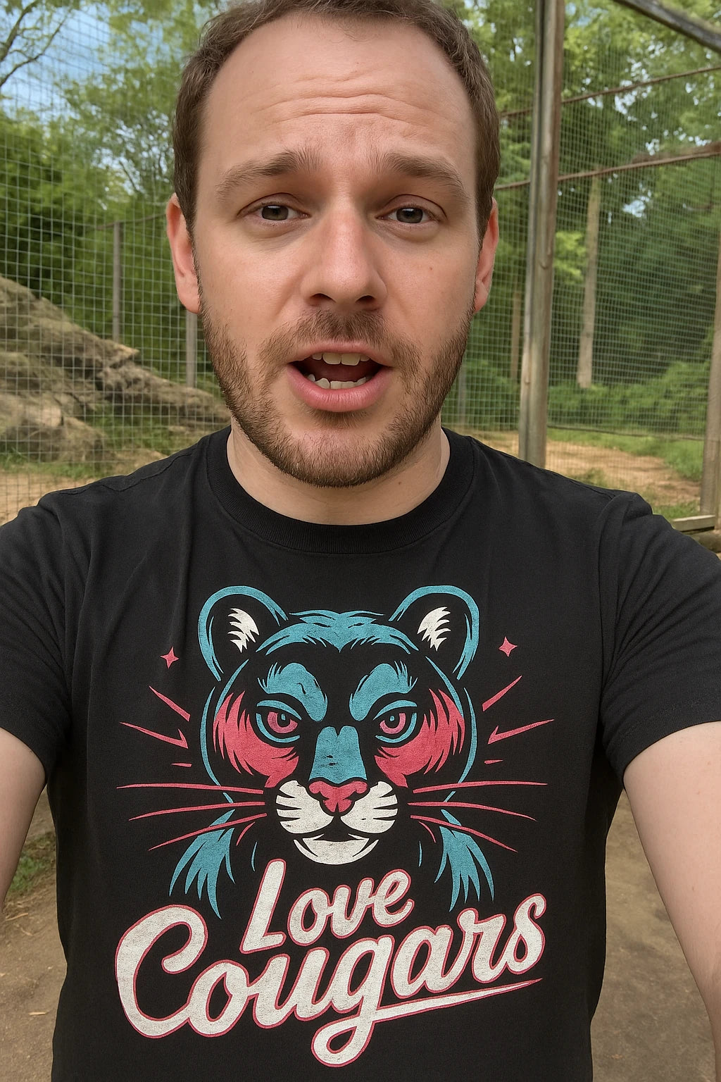 "Love Cougars" black cougar shirts, photographed as cougar lover gift