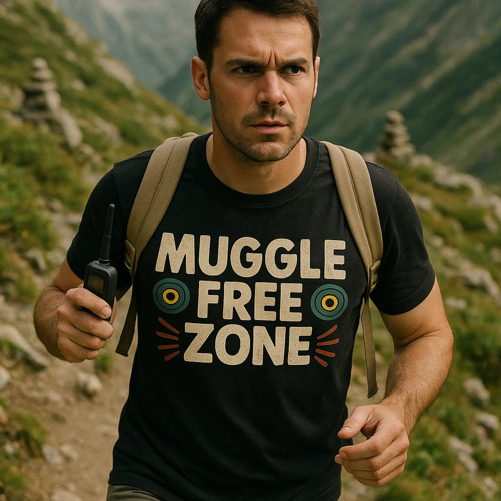 "Muggle Free Zone" black geocaching t shirt - also a gift geocaching premium membership