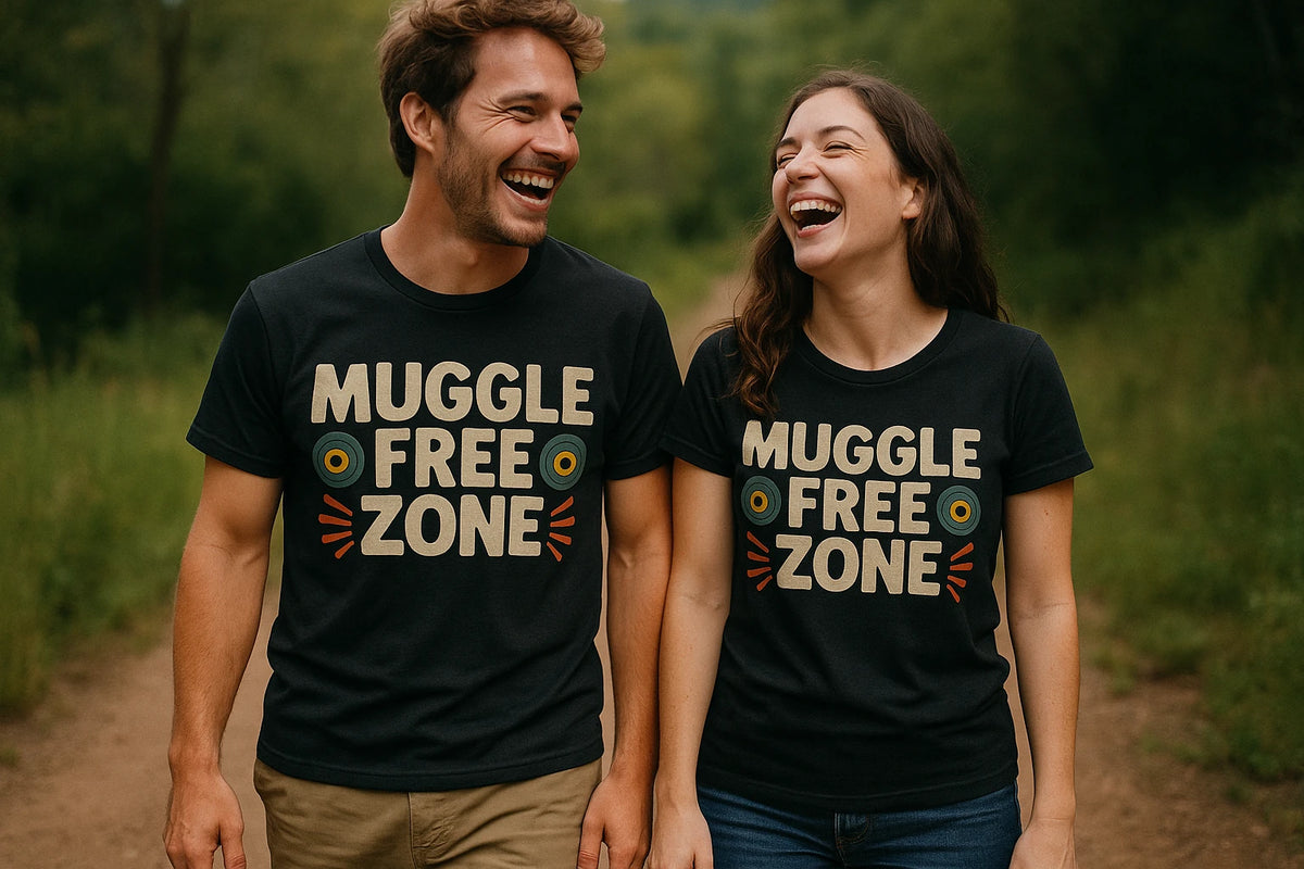 Person wearing the black geocaching t shirt graphic tee - "Muggle Free Zone" design
