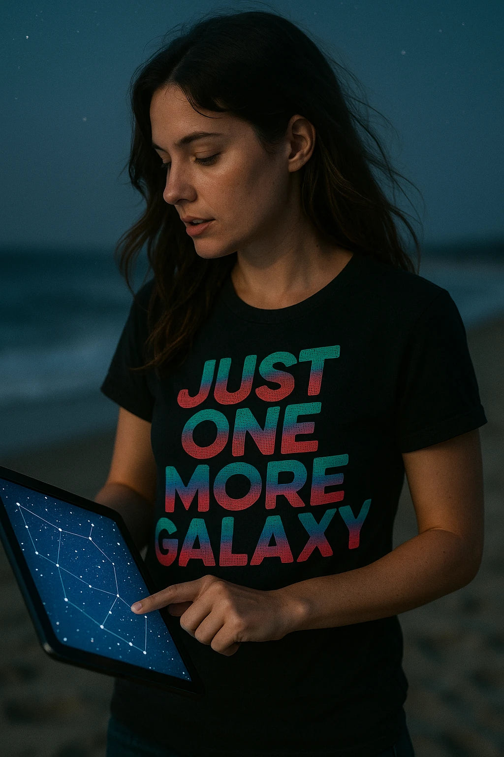 "Just One More Galaxy" black stargazing shirts, photographed as gifts for stargazing lovers