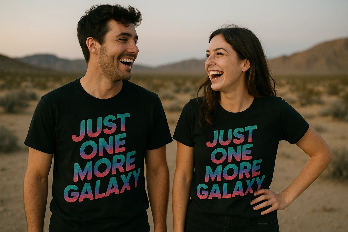Person wearing the black stargazing shirts graphic tee - "Just One More Galaxy" design