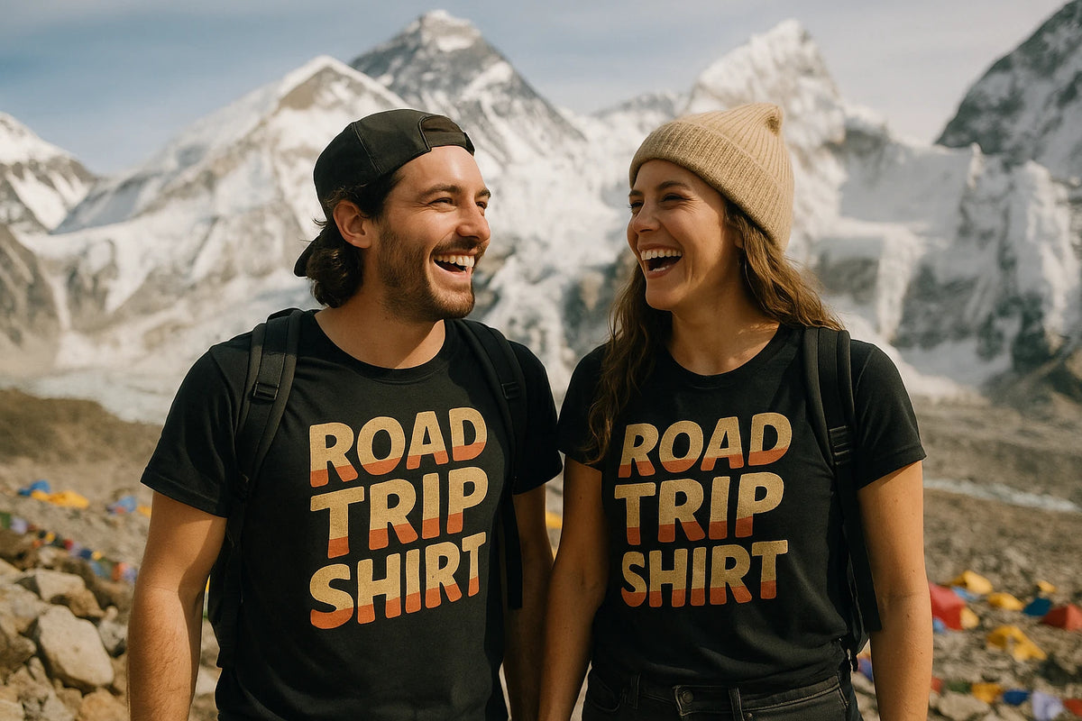Person wearing the black adventure travel t shirt graphic tee - "Road Trip Shirt" design