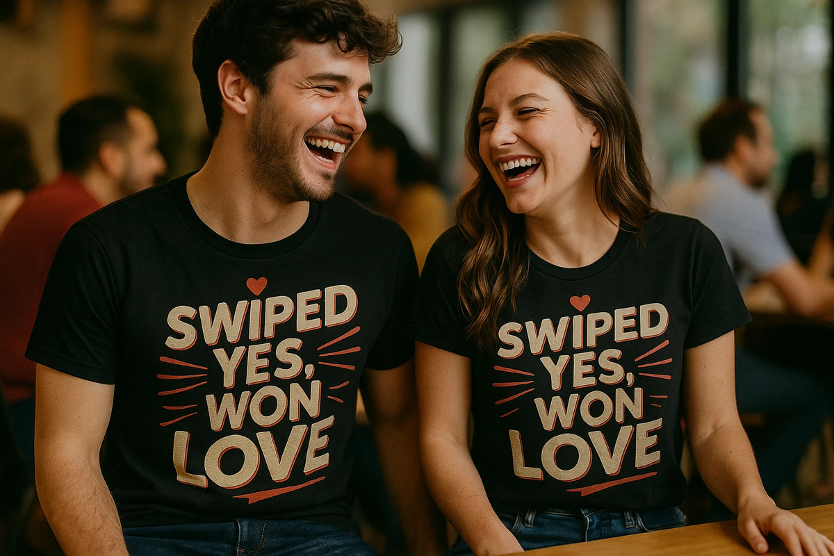 Person wearing the black relationships shirts graphic tee - "Swiped Yes, Won Love" design