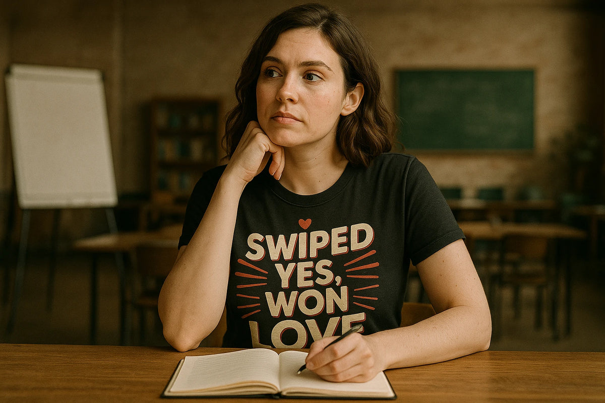 Lifestyle shot of the "Swiped Yes, Won Love" black relationships shirts in a real-world setting