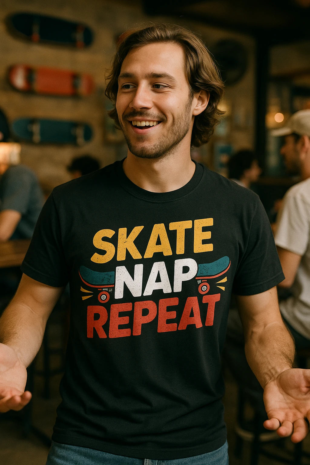 "Skate Nap Repeat" black skateboard tee shirts, photographed as gifts for skateboard lovers