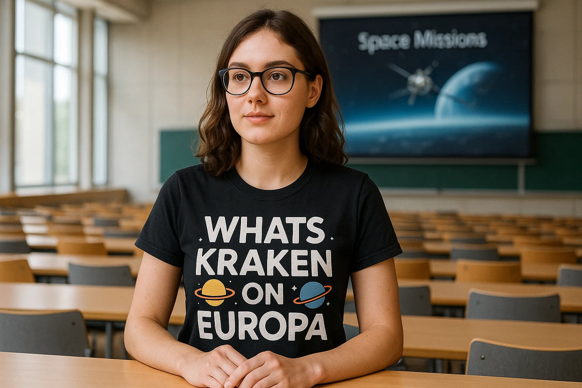 Lifestyle shot of the "Whats Kraken on Europa" black space science t shirt in a real-world setting