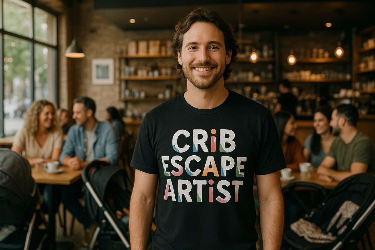 Lifestyle shot of the "Crib Escape Artist" black new parents shirts in a real-world setting