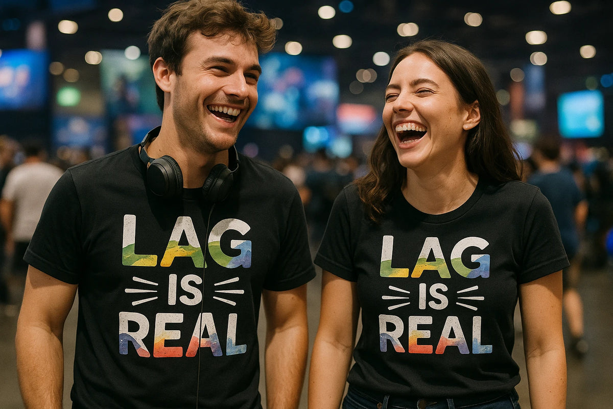 Person wearing the black video game shirts graphic tee - "Lag Is Real" design