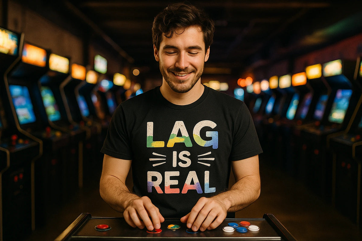 Lifestyle shot of the "Lag Is Real" black video game shirts in a real-world setting