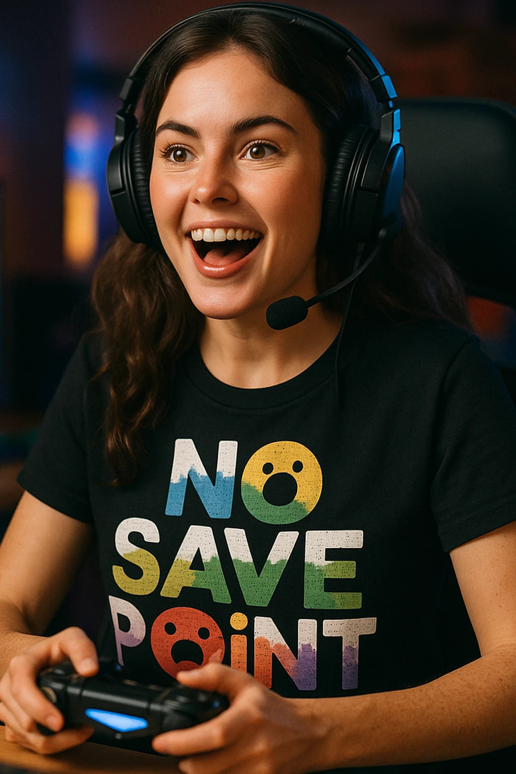 "No Save Point" black video game t shirt, photographed as gifts for the video game lover