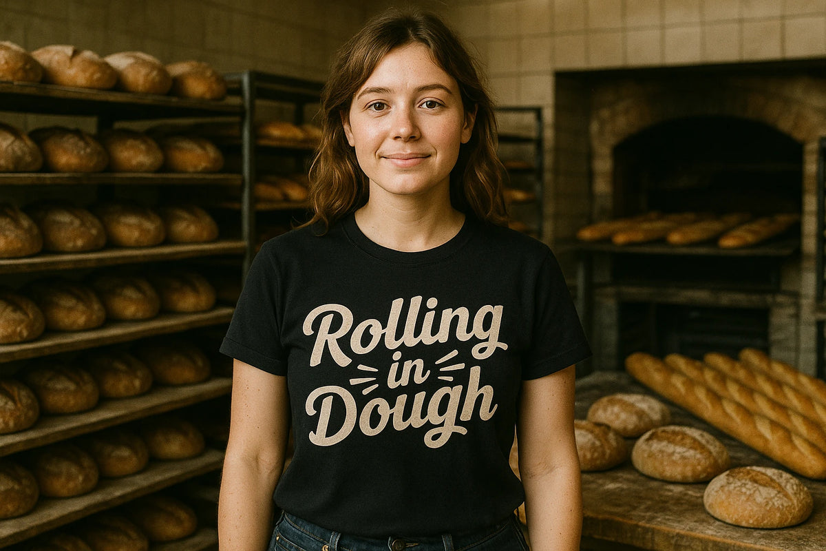 Lifestyle shot of the "Rolling in Dough" black baker shirts in a real-world setting