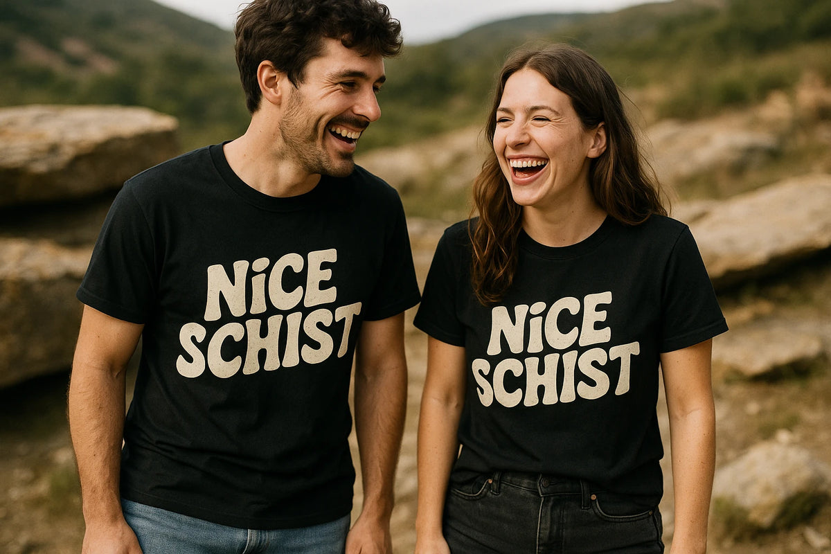 Person wearing the black geology rocks t shirt graphic tee - "Nice Schist" design