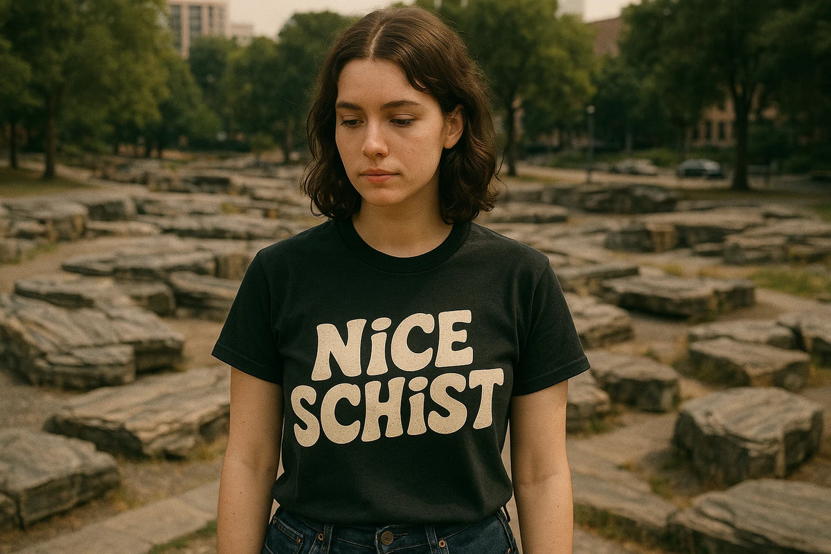 Lifestyle shot of the "Nice Schist" black geology rocks t shirt in a real-world setting