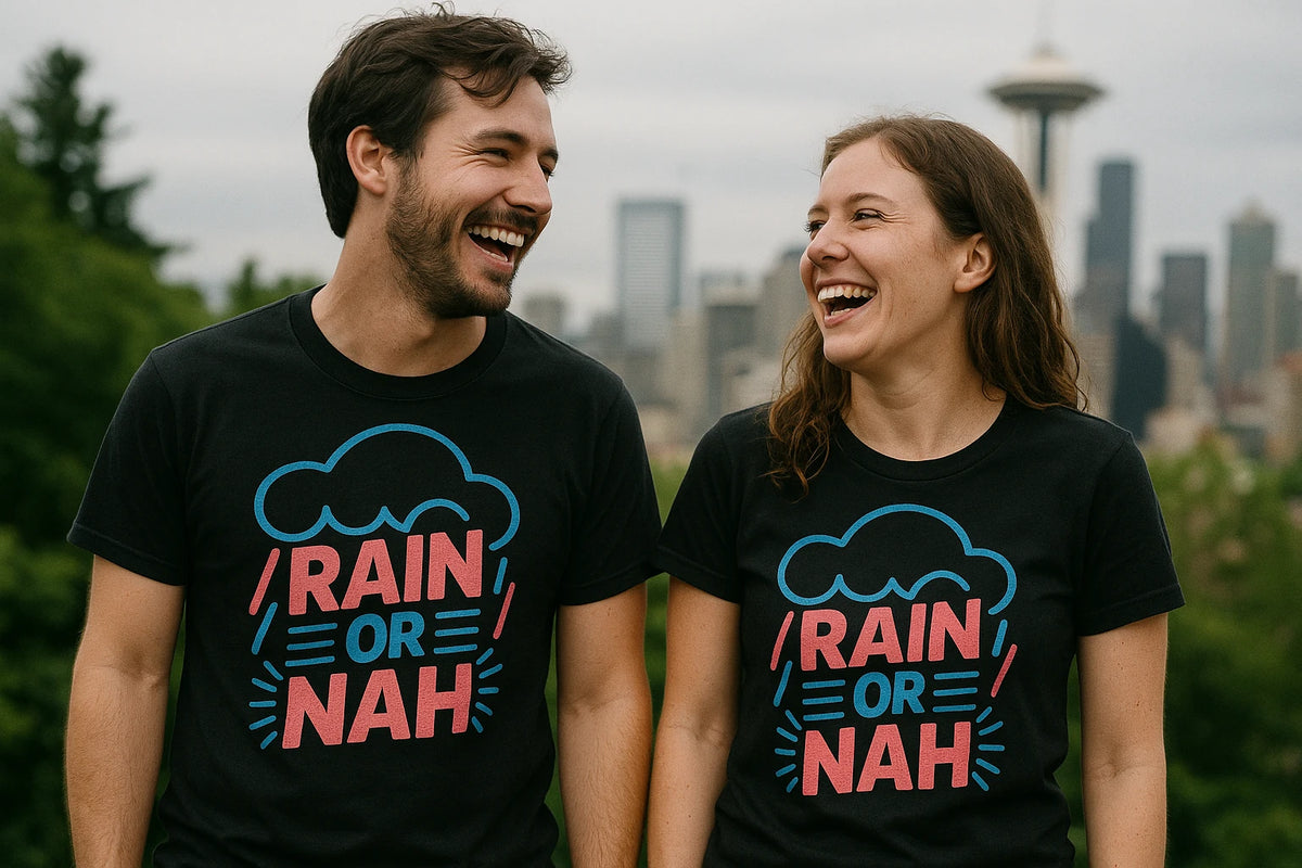 Person wearing the black rain bow t shirt graphic tee - "Rain Or Nah" design