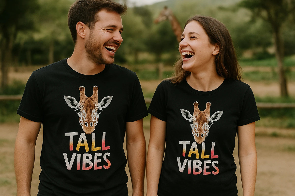 Person wearing the black giraffe shirts graphic tee - "Tall Vibes" design
