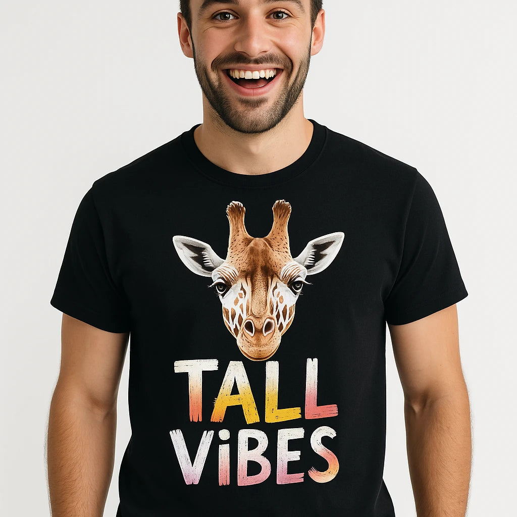 Close-up of the "Tall Vibes" cream print on a premium Bella+Canvas black giraffe shirts