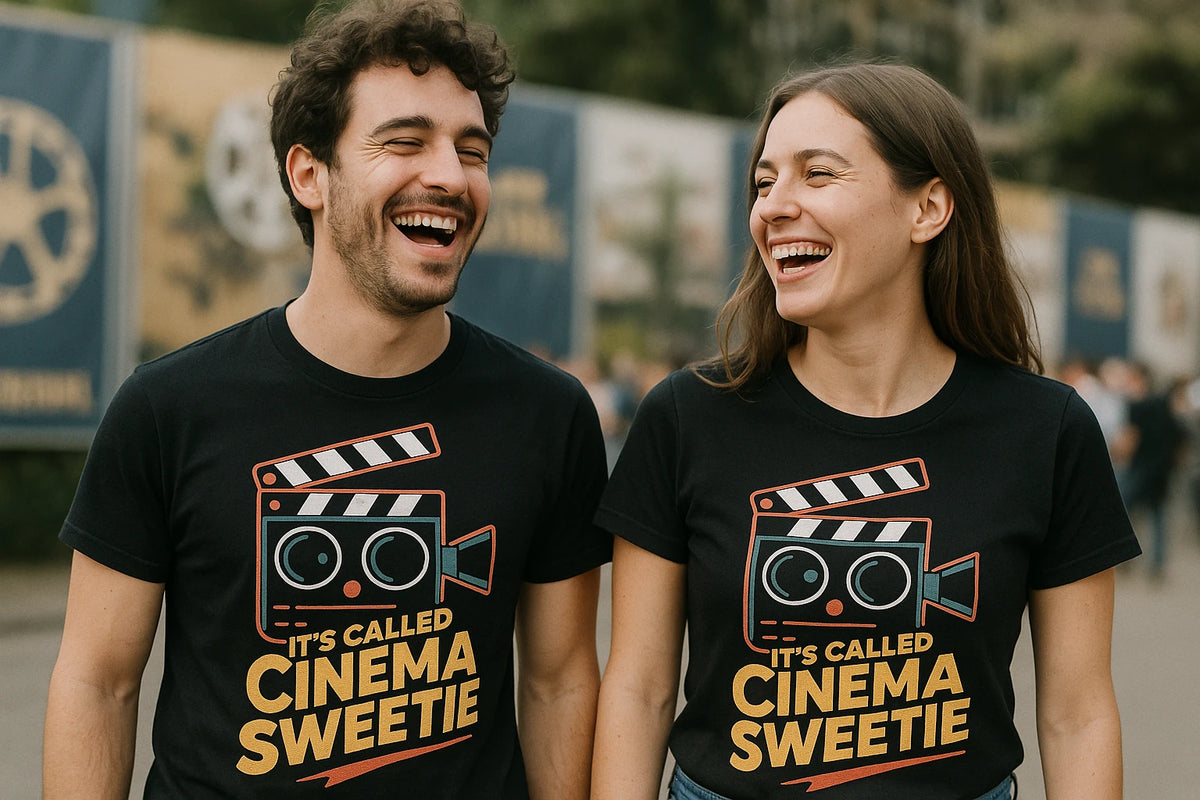 Person wearing the black film director t shirt graphic tee - "Its Called Cinema Sweetie" design