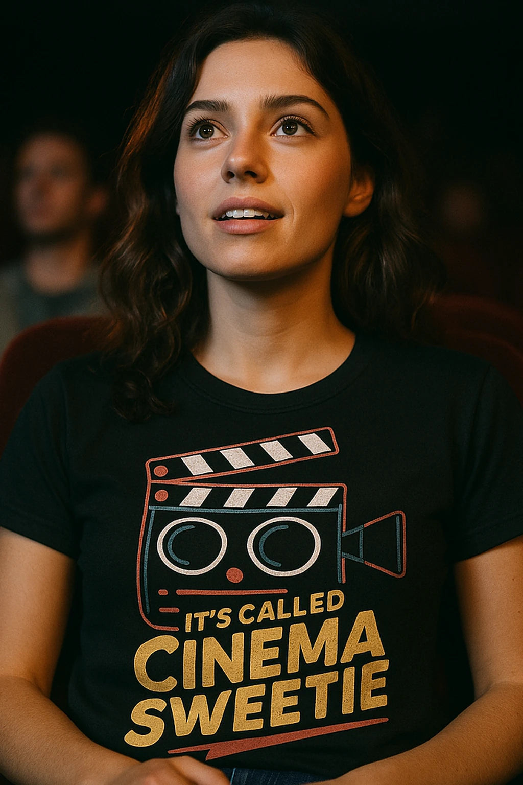 "Its Called Cinema Sweetie" black film director t shirt, photographed as film director lover gift