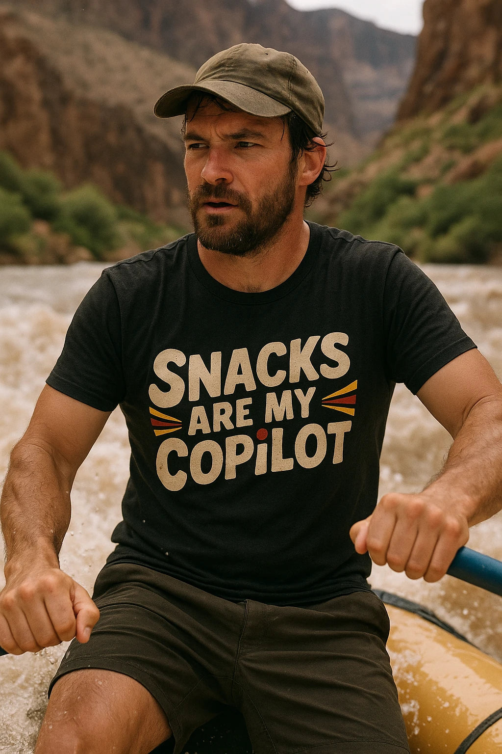"Snacks Are My Copilot" black adventure t shirt - also one of the gifts for someone who likes adventure