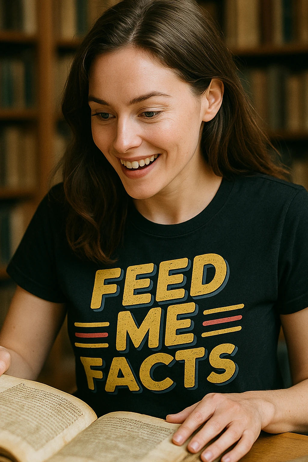 "Feed Me Facts" black studying t shirt, photographed as studying lover gift