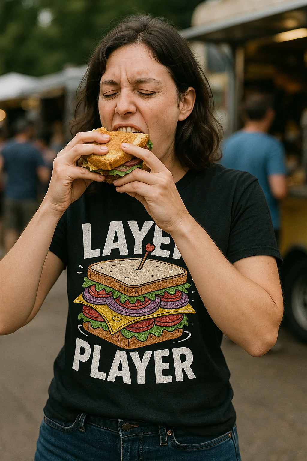 "Layer Player" black sandwich shirts, photographed as gifts for sandwich lovers
