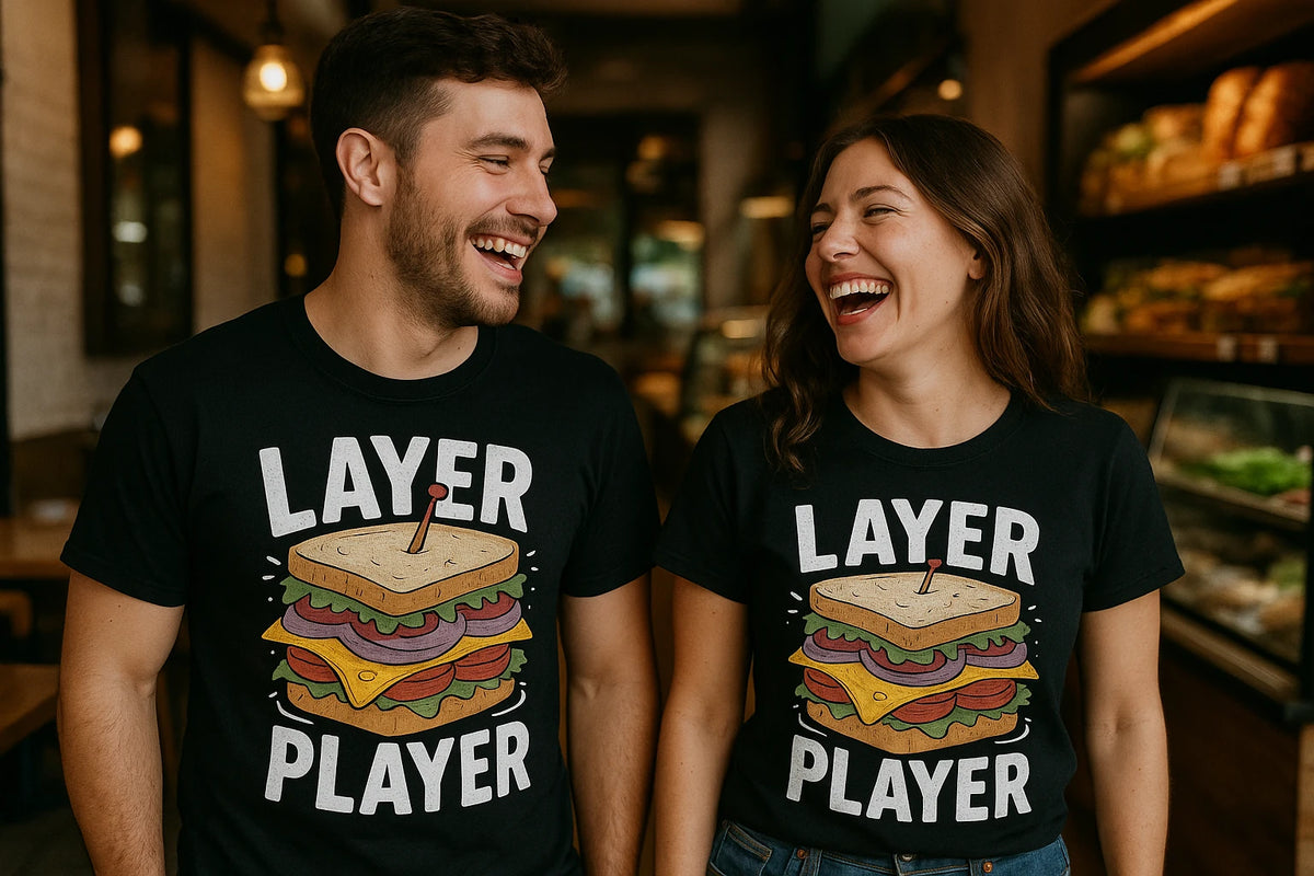 Person wearing the black sandwich shirts graphic tee - "Layer Player" design