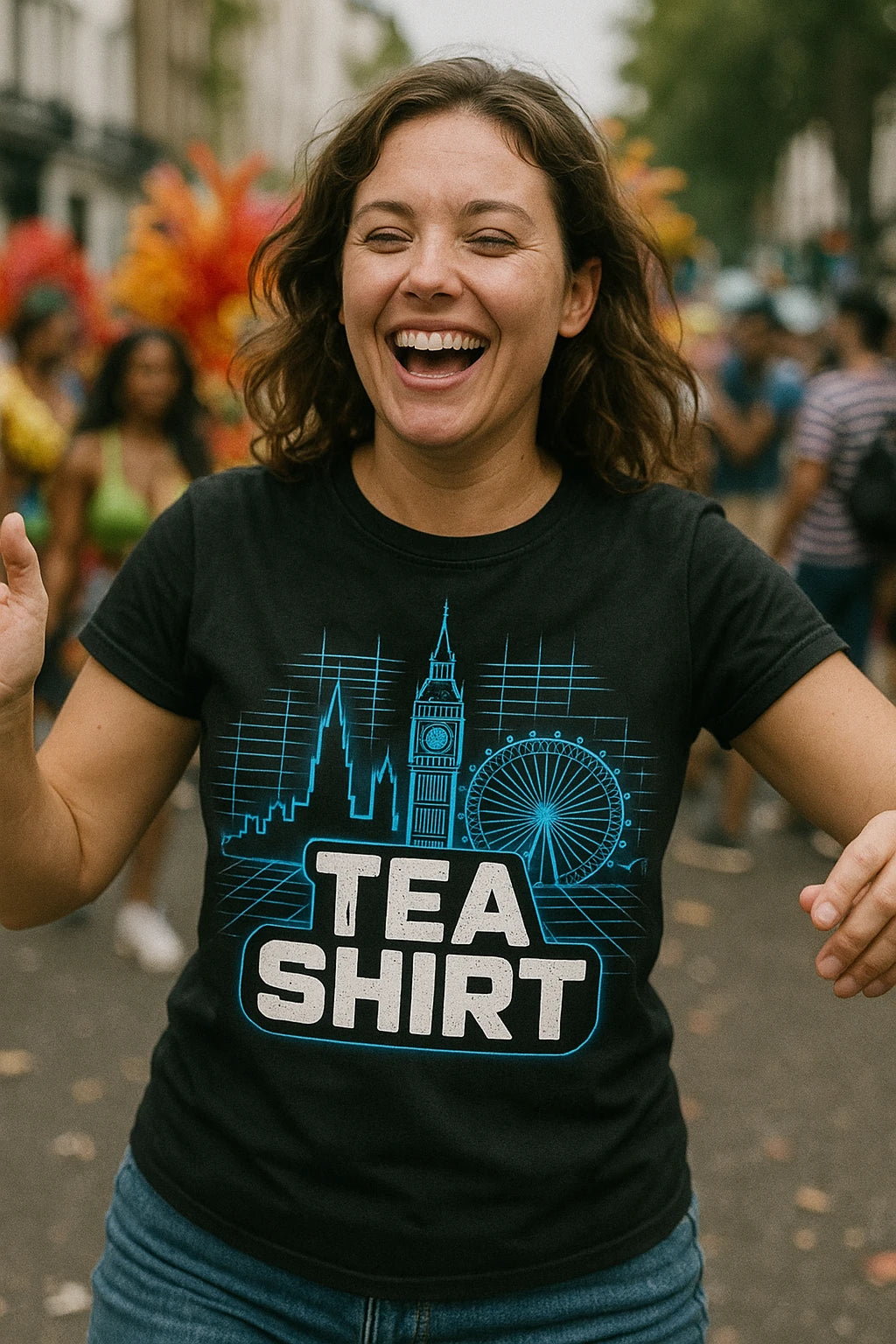 "Tea Shirt" black london t shirt, photographed as gifts for london lovers