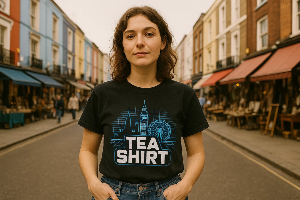Lifestyle shot of the "Tea Shirt" black london t shirt in a real-world setting