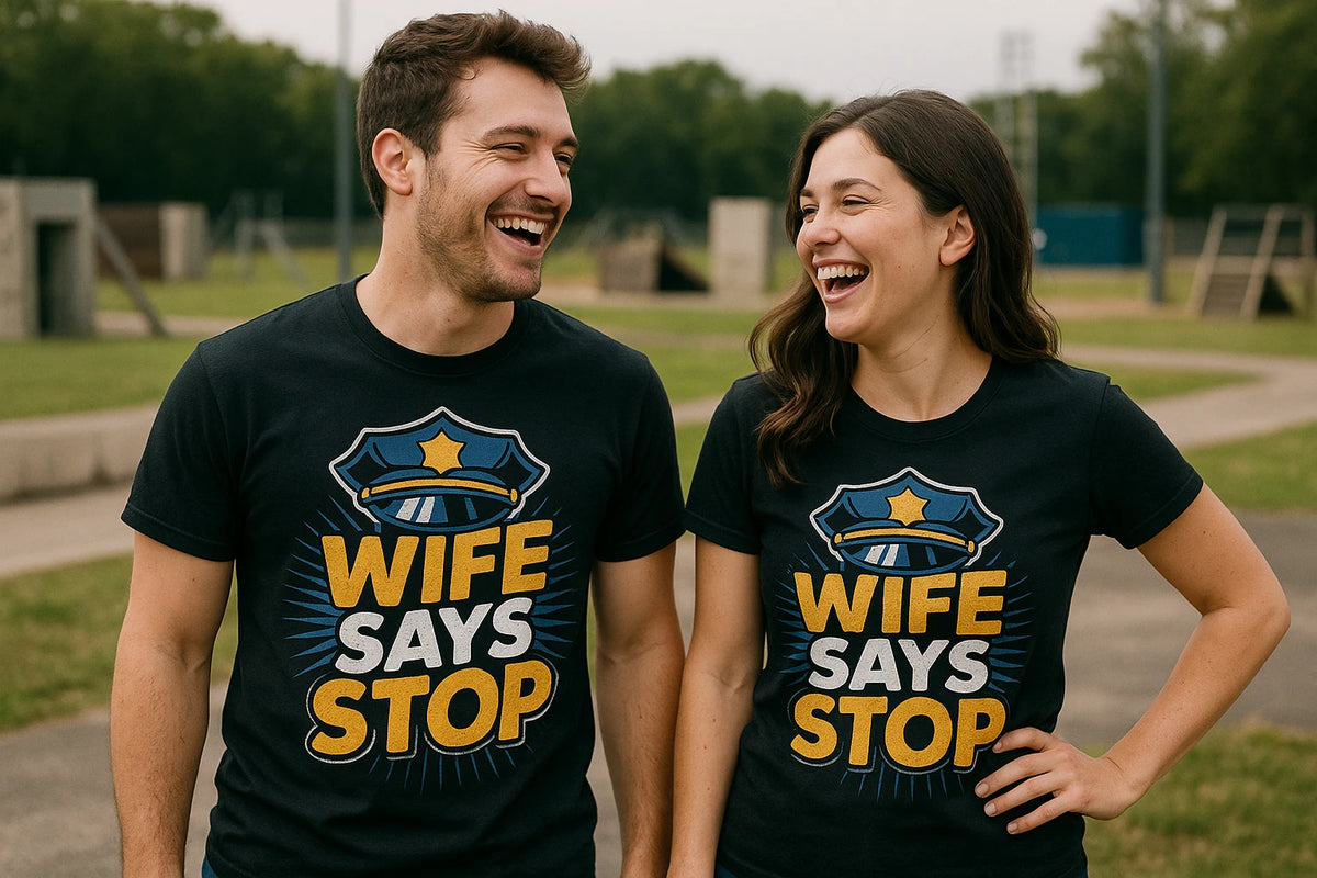Person wearing the black police officer shirts graphic tee - "Wife Says Stop" design