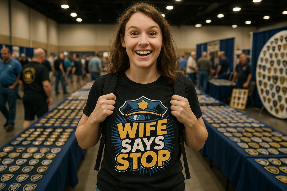 Lifestyle shot of the "Wife Says Stop" black police officer shirts in a real-world setting