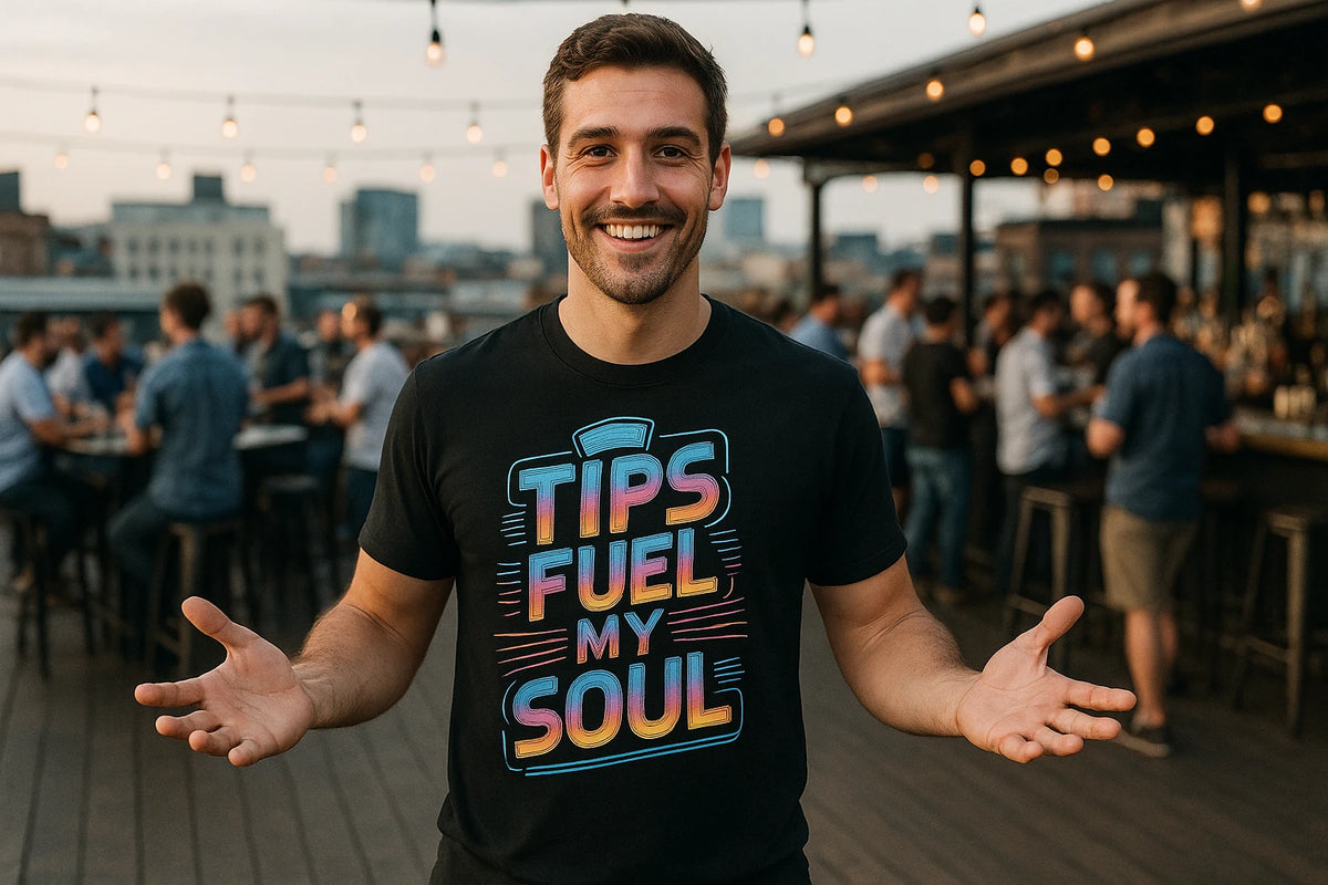Lifestyle shot of the "Tips Fuel My Soul" black bartender shirts in a real-world setting