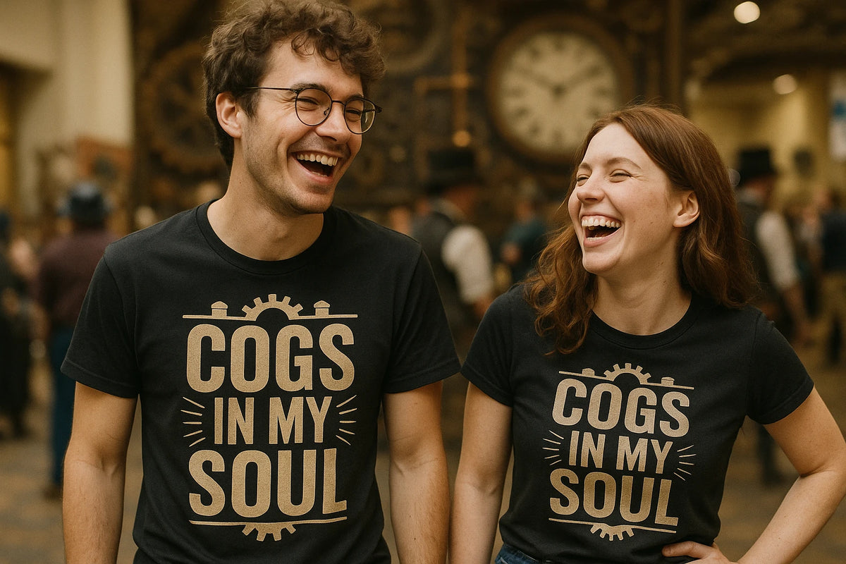 Person wearing the black steampunk shirts graphic tee - "Cogs in My Soul" design
