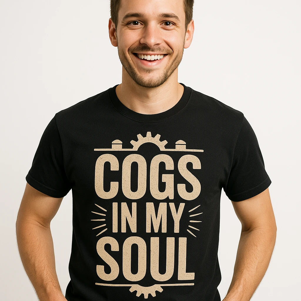 Close-up of the "Cogs in My Soul" tan print on a premium Bella+Canvas black steampunk shirts