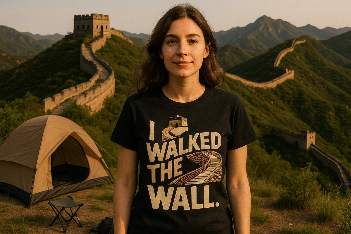 Lifestyle shot of the "I Walked the Wall." black the great wall of china shirts in a real-world setting