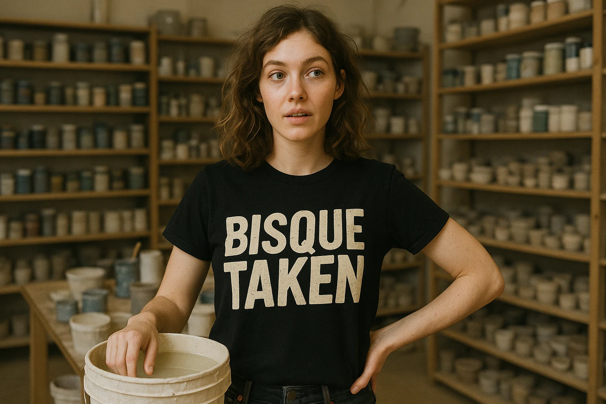 Lifestyle shot of the "Bisque Taken" black ceramic tee in a real-world setting