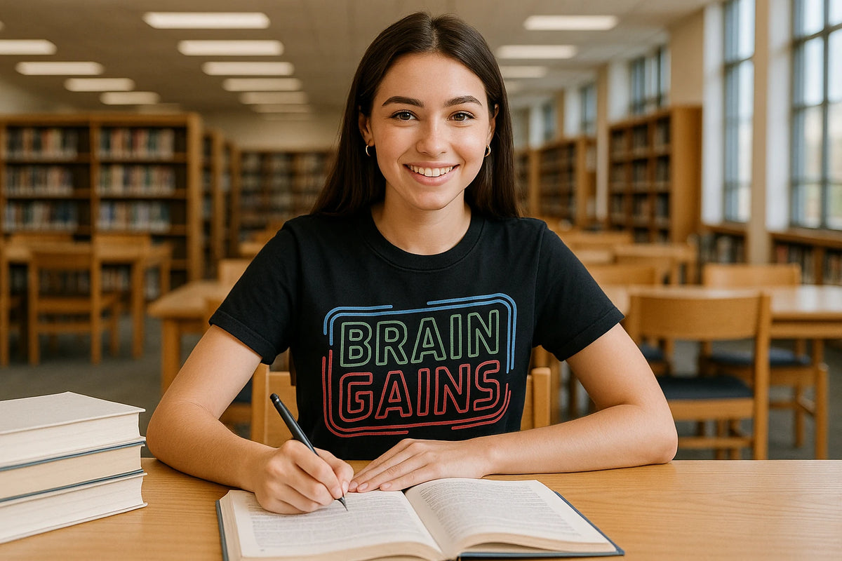 Lifestyle shot of the "Brain Gains" black studying t shirt in a real-world setting